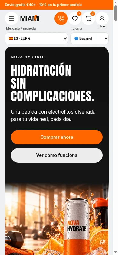 MIAMI: navegación y hero del ecommerce en móvil
