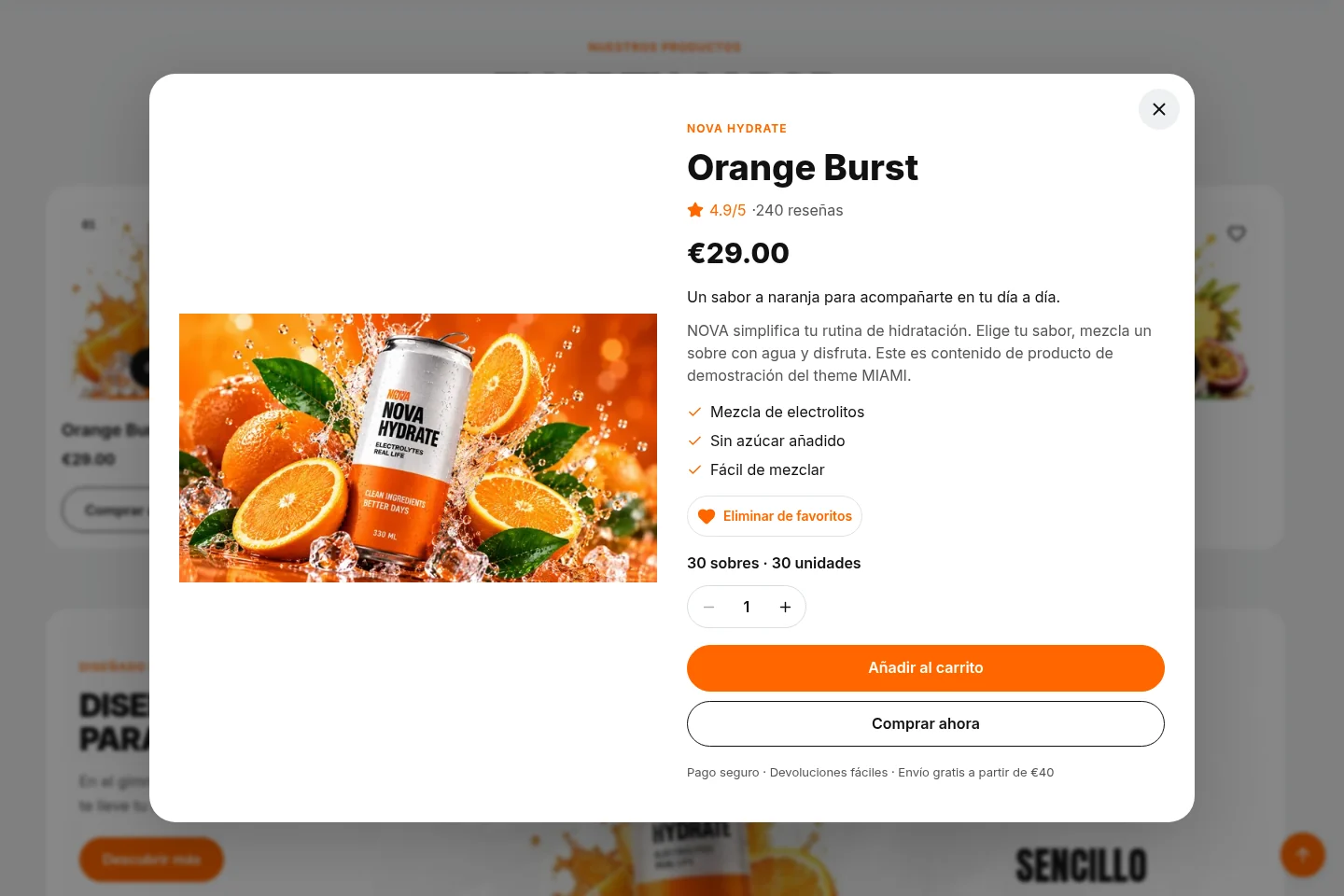 MIAMI: ventana Quick View de Orange Burst con acciones de compra